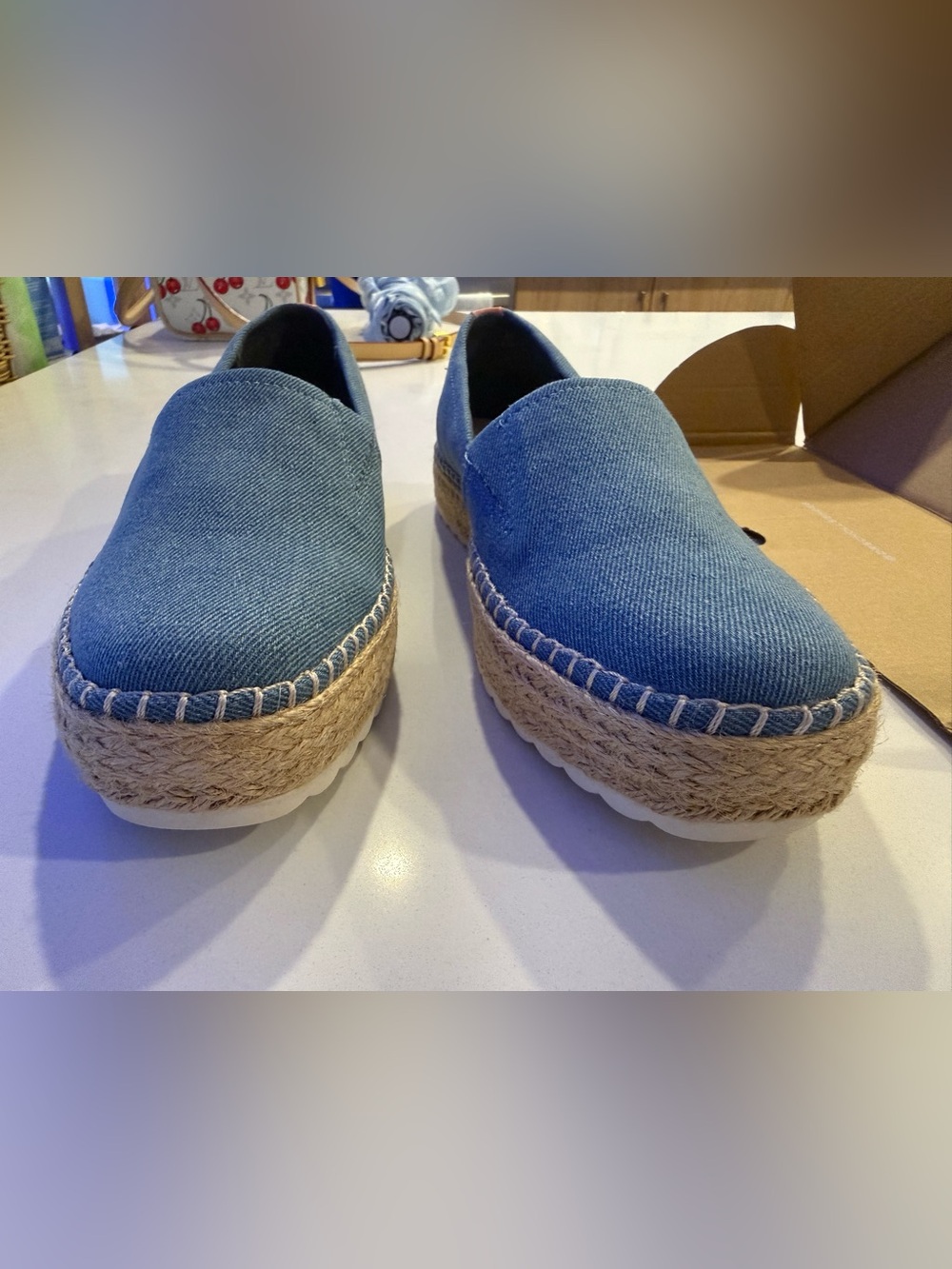 Dr. Scholl's Blue Denim Slip-On Espadrilles with Pink Heel Tab